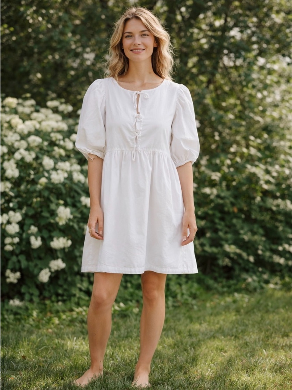 LAKE Crisp White Poplin Cotton Puff Sleeve Tie Front‎ Mini Dress